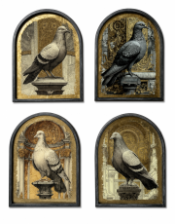 Set of 4 Metal-Framed Gold Neoclassical Pigeon Wall Art Prints