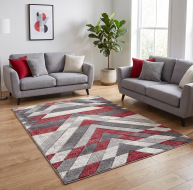 grey red triangle pattern rug