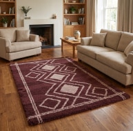 dark red and beige diamond pattern shaggy rug