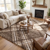 taupe beige square pattern plush rug