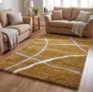 mustard grey white curved line pattern rug