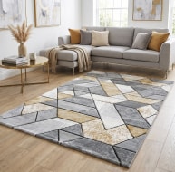 grey gold white geometric pattern rug