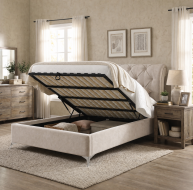 beige fabric gaslift storage bed