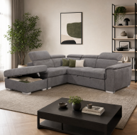 grey fabric corner sofabed with storage box