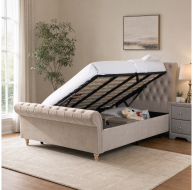 beige fabric gaslift storage bed