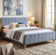 blue fabric bed wooden feet button headboard