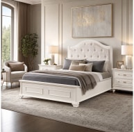 white wooden bedframe panelled footboard button design headboard
