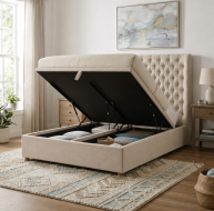 beige fabric gaslift storage bed