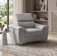 grey fabric armchair ornate chrome feet