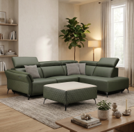 green leather corner suite and ottoman footstool