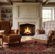 light brown leather and fabric fireside wingchairs
