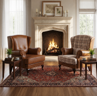 brown leather and fabric fireside wingchairs