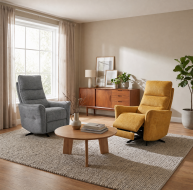 grey and mustard fabric swivel recliner armchairs