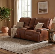 dark brown leather 2 seater sofa with storage console