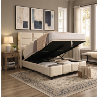 beige fabric gaslift storage bed