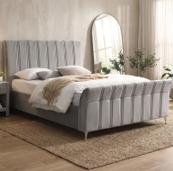grey fabric bed lined headboard and footboard design chrome feet