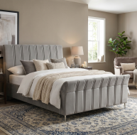 grey fabric bed lined headboard and footboard design chrome feet