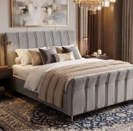 grey fabric bed lined headboard and footboard design chrome feet