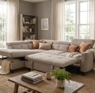 brown beige fabric corner sofabed