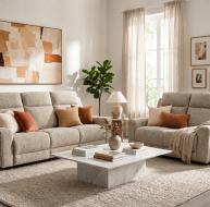 beige fabric 3 seater and 2 seater sofa