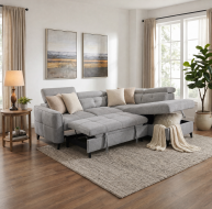 grey fabric corner sofabed with storage box