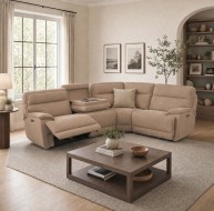 beige fabric corner sofa with flip top charger and cup holders