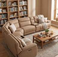 beige fabric corner sofa with cup holder storage console