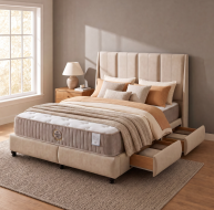 tencel mattress on beige fabric drawer bed