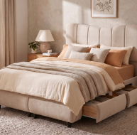 beige fabric drawer storage bed