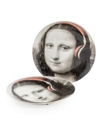 Set of 2 Black and White Mona Lisa Face 10" Ceramic Plates - Headphones