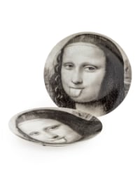 Set of 2 Black and White Mona Lisa Face 10" Ceramic Plates - Tongue