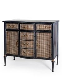 Antiqued Black Side Cabinet with Metal Rattan Cupboards