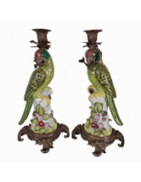 Pair of Ornate Porcelain & Brass Parrot Candle Holders