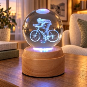 Cyclist Rotating 3D Crystal Globe Light - Wooden