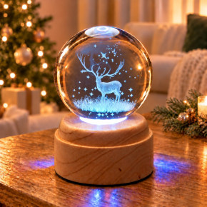 Winter Stag Rotating 3D Crystal Globe Light - Wood