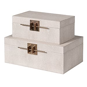 Set of 2 Ivory Crossbar Faux Shagreen Boxes