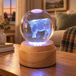 Highland Cow Rotating 3D Globe Light - Wooden