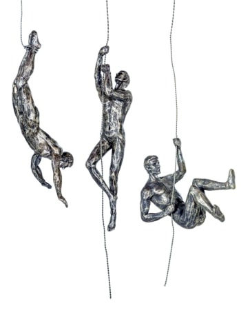 Set of 3 Antique Silver Abseiling Men Wall Figures