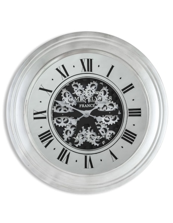 Silver Mirrored Face Antique Style Moving Gears Clock