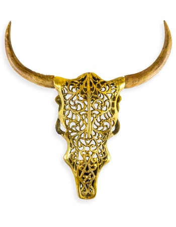 Antique Gold and Wood Tribal Bison Wall Head