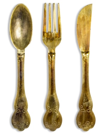 Antique Gold Aluminium Fork, Knife & Spoon Set Wall Hangings