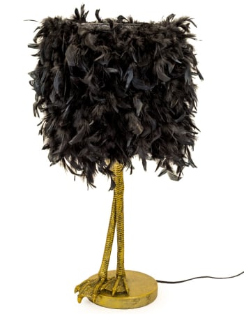 Antique Gold Large Bird Leg Table Lamp with Black Feather Shade