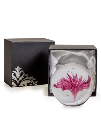 Large Purple & White Flower Glass Ball Paperweight with Gift Box