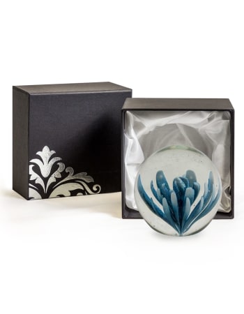 Blue & White Flower Glass Ball Paperweight with Gift Box