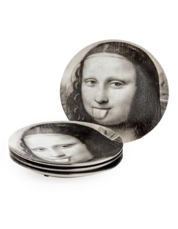 Set of 4 Black and White Mona Lisa Face 7" Ceramic Plates - Tongue