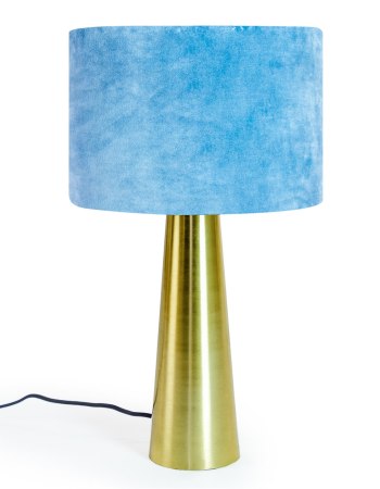Brass Column Table Lamp with Steel Blue/Grey Velvet Shade