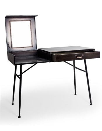 Black and Antique Gold "Orwell" Desk with Concealed Vanity Mirror