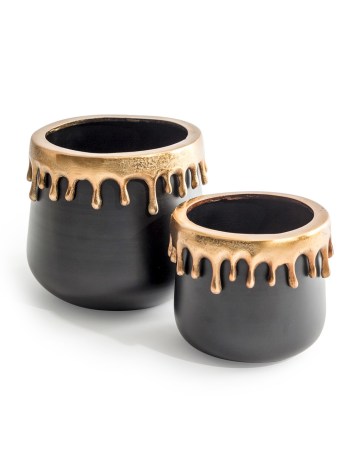 Set of 2 Matt Black Aluminium Pots w/ Gold "Dali" Drip