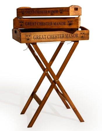 Set of 3 Antique Wooden "Great Chester Manor" Trays on Stand