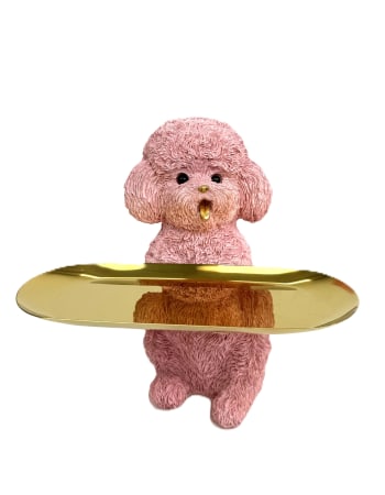 Pink Poodle Dog Holding Gold Tray